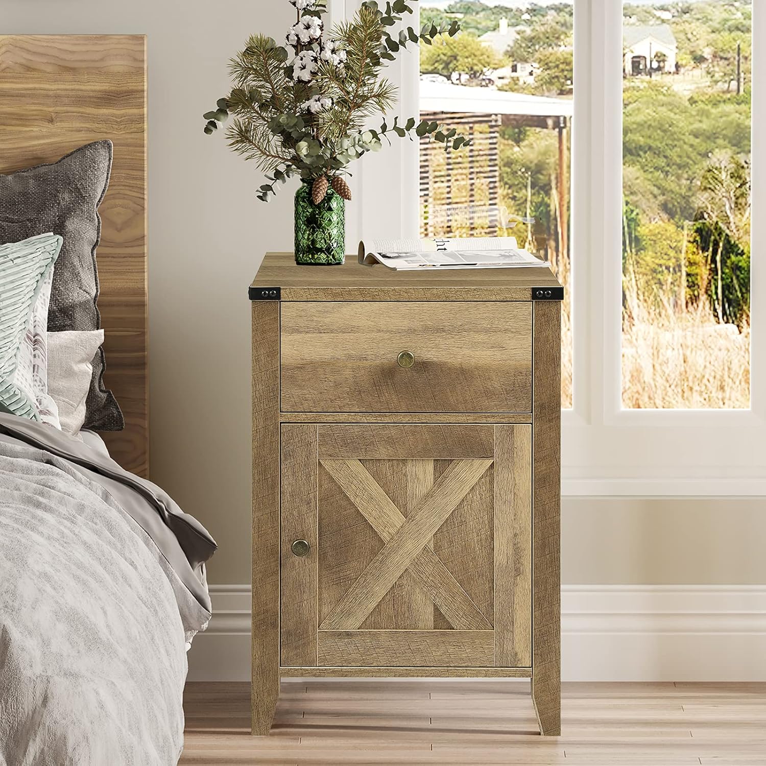 Rustic Oak End Table with Cabinet and Drawer C4238