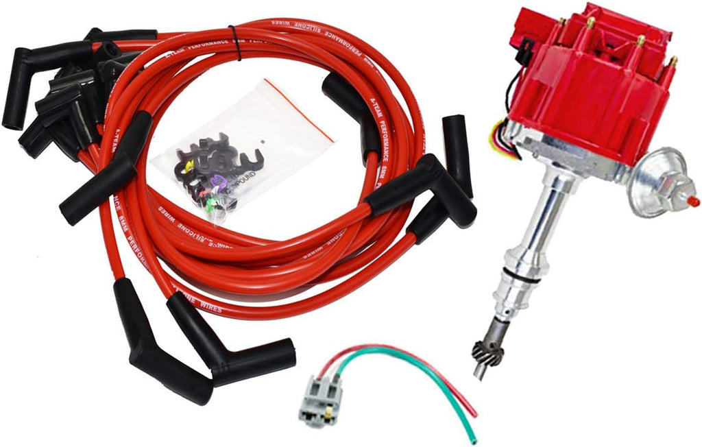 HEI Distributor 65K Coil Complete with 8mm Red Silicone Spark Plug Wires and Battery-Pigtail Harness Kit L49703