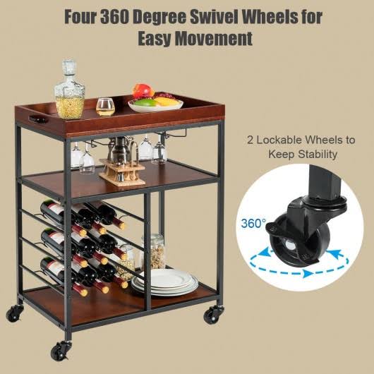 3 Tier Bar Serving Cart with Wine Rack and Glass Holder H694359