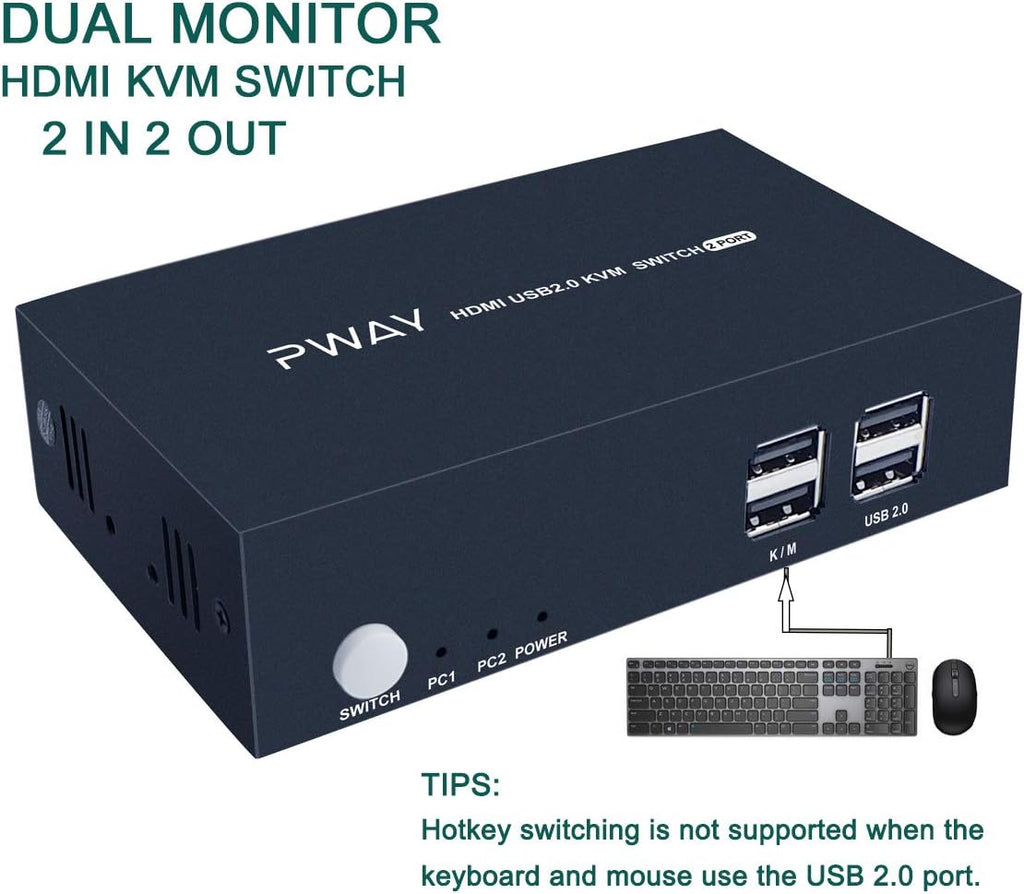 2 Port Dual Monitor KVM Switch HDMI 4K@30Hz with 4 HDMI Cables S2520