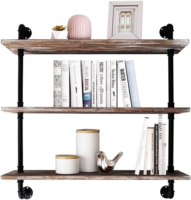 Industrial Pipe Bookcase Shelf Retro Floating Wood Shelving, Weatherd Brown C263
