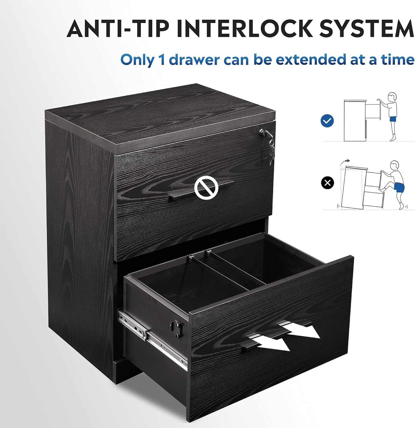 2-Drawer Wood Lateral File Cabinet with Lock, Black L181