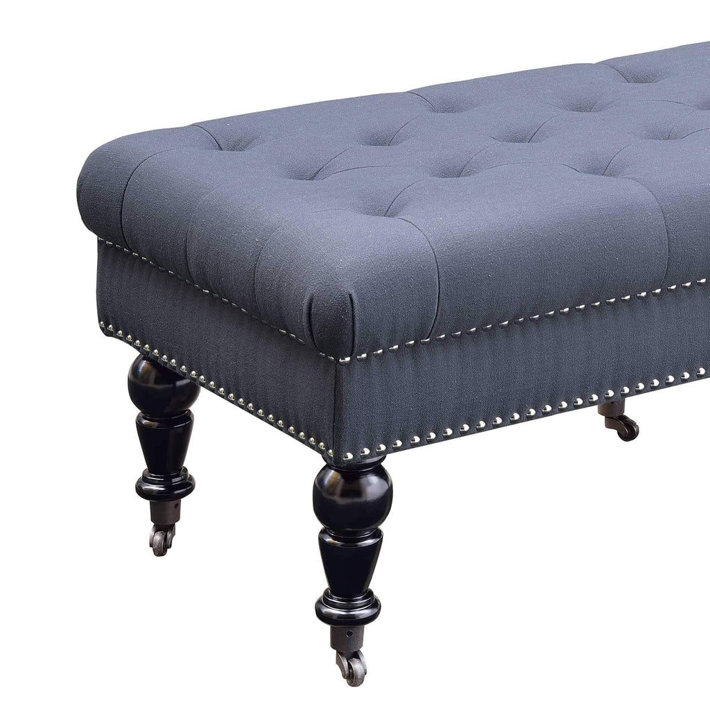 Black and Blue Button Tufted Bench with Caster Wheels H488