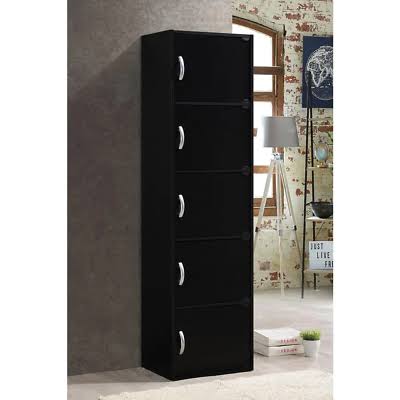 Black 5-Shelf Wood Bookcase with Doors T6735