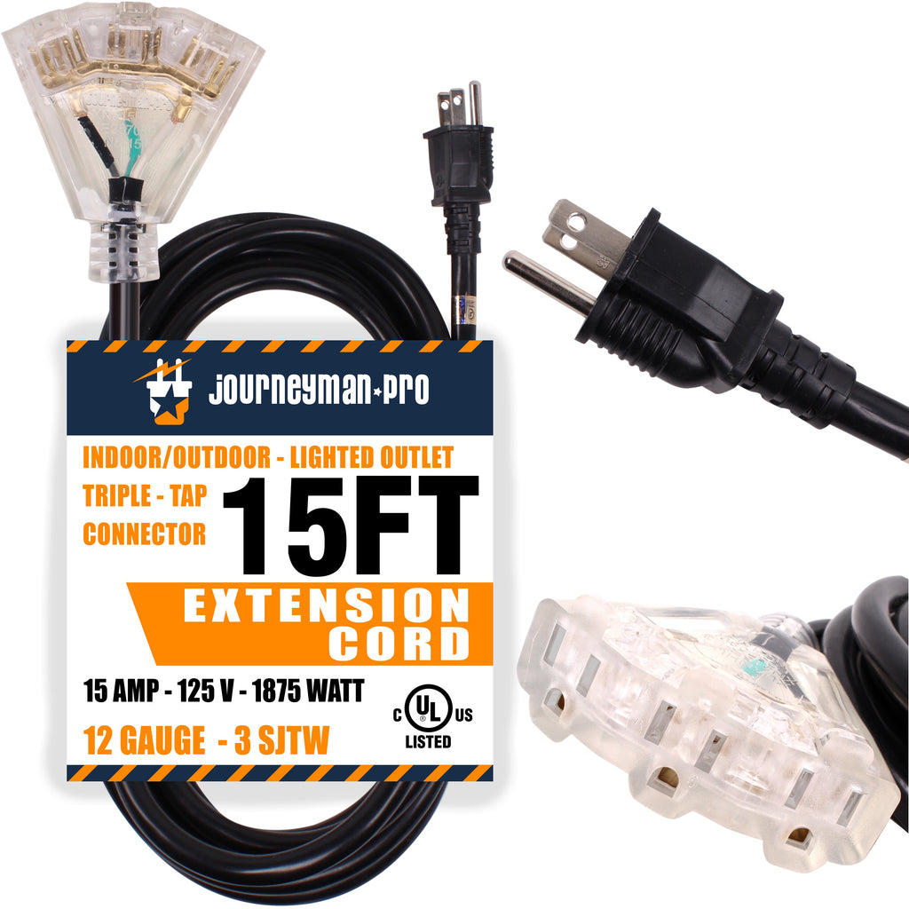 Lighted Outdoor Extension Cord 3 Outlets 12/3 SJTW Heavy Duty Black Cable 3 Prong Grounded Plug 15 AMP 15 Foot P735