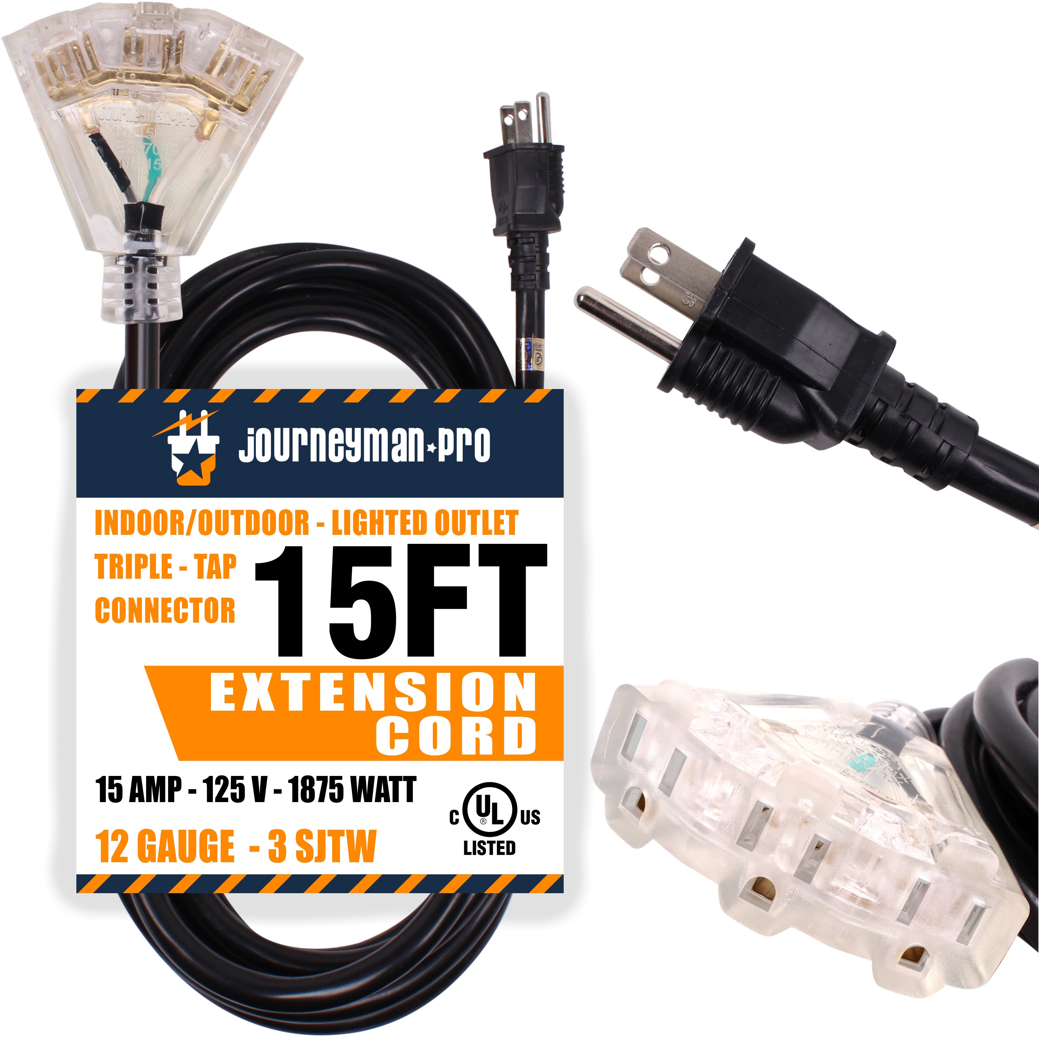 Lighted Outdoor Extension Cord 3 Outlets 12/3 SJTW Heavy Duty Black Cable 3 Prong Grounded Plug 15 AMP 15 Foot P735