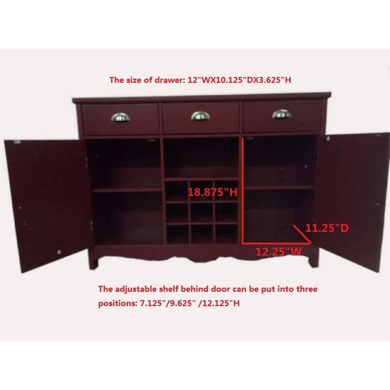 Red Wood Wine Rack Sideboard Buffet Console Table with Storage Drawers, Cabinet Doors N268