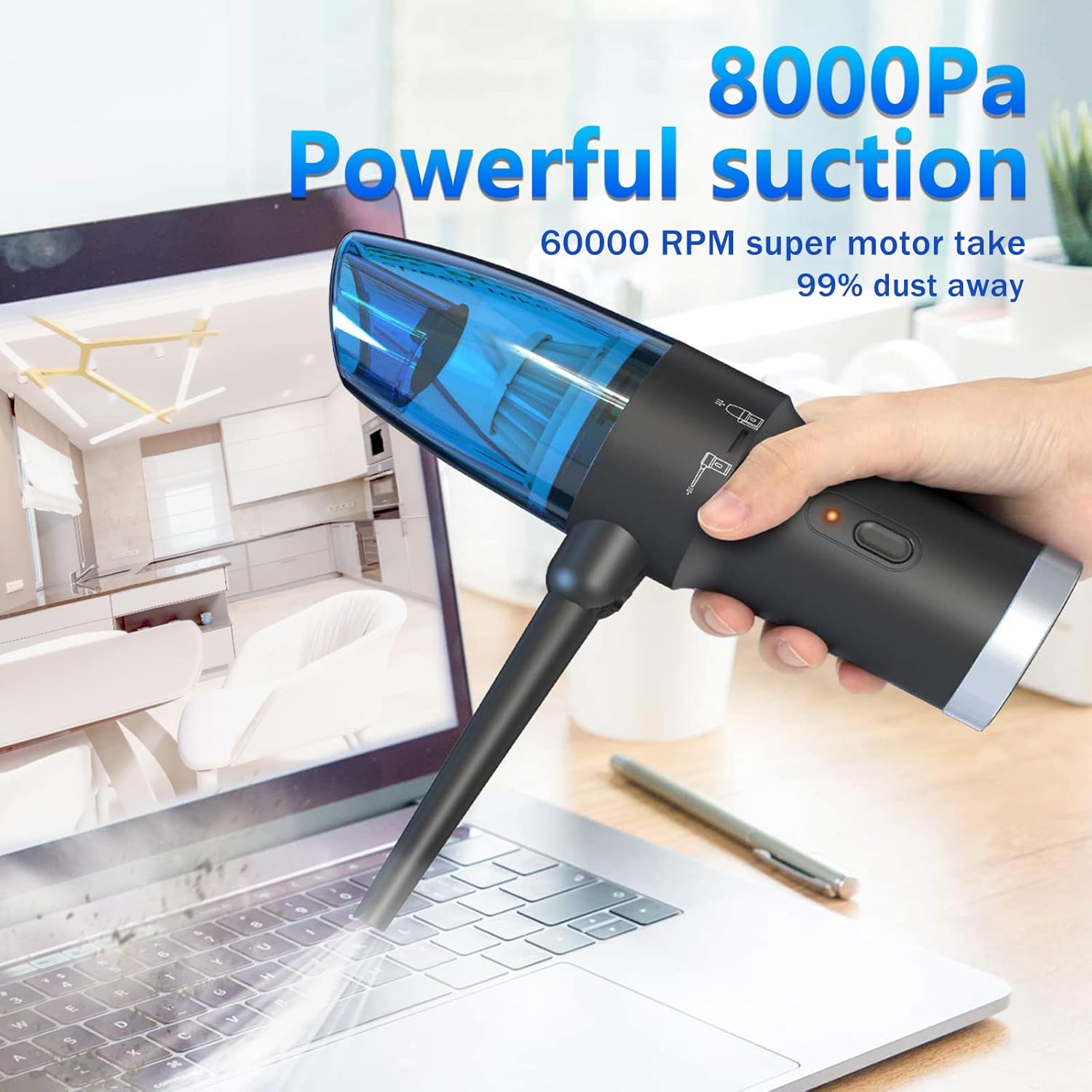 Compressed Air Duster 2-in-1 Vacuum Cleaner, Portable Handheld with 60000RPM Motor B476