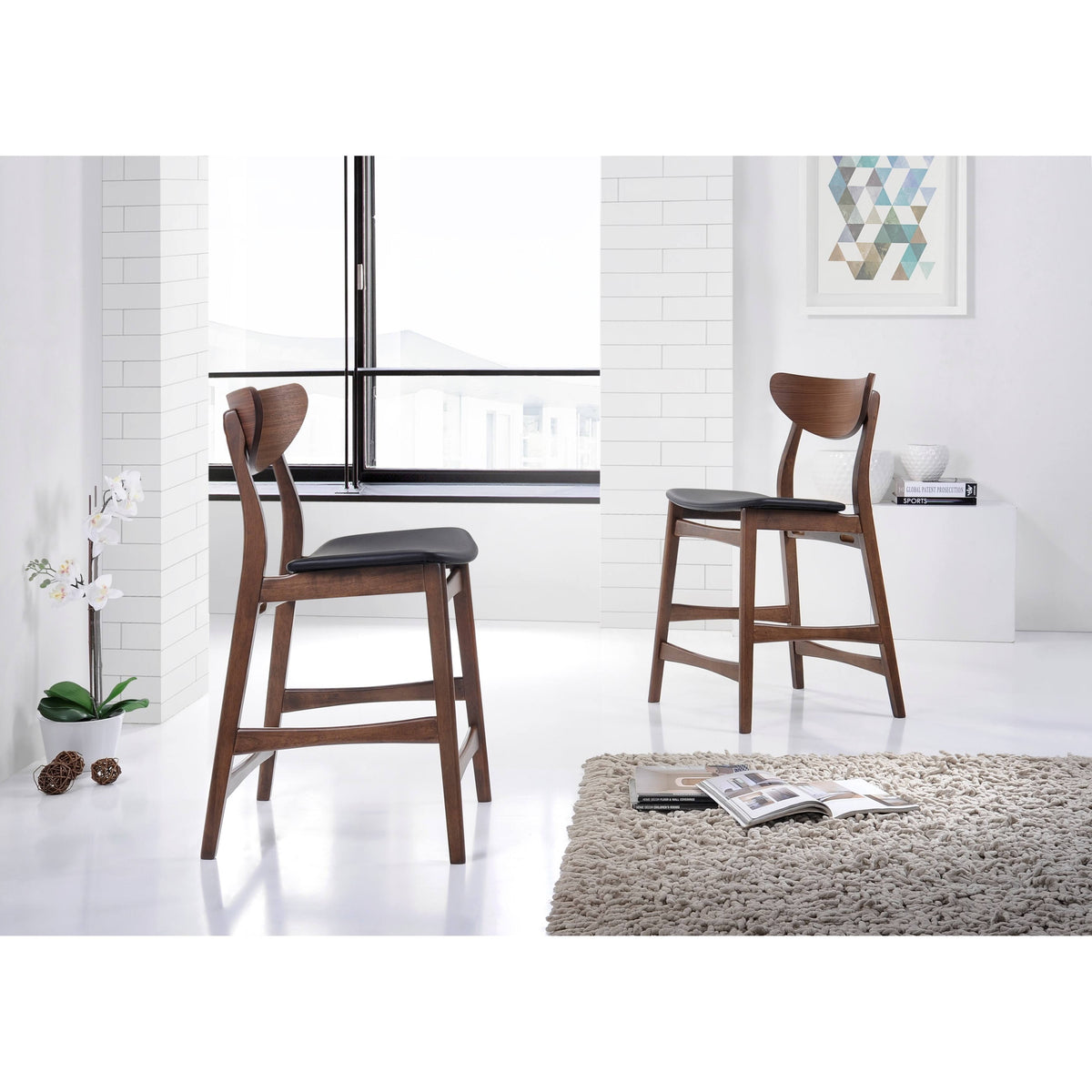 Faux Leather Counter Stool, Set of 2, Black E4035