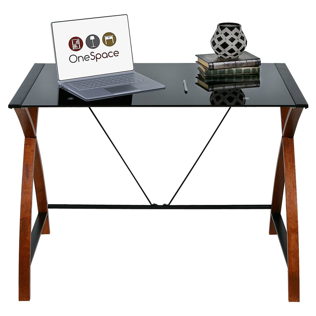 Black Glass and Wood Computer Desk A821133