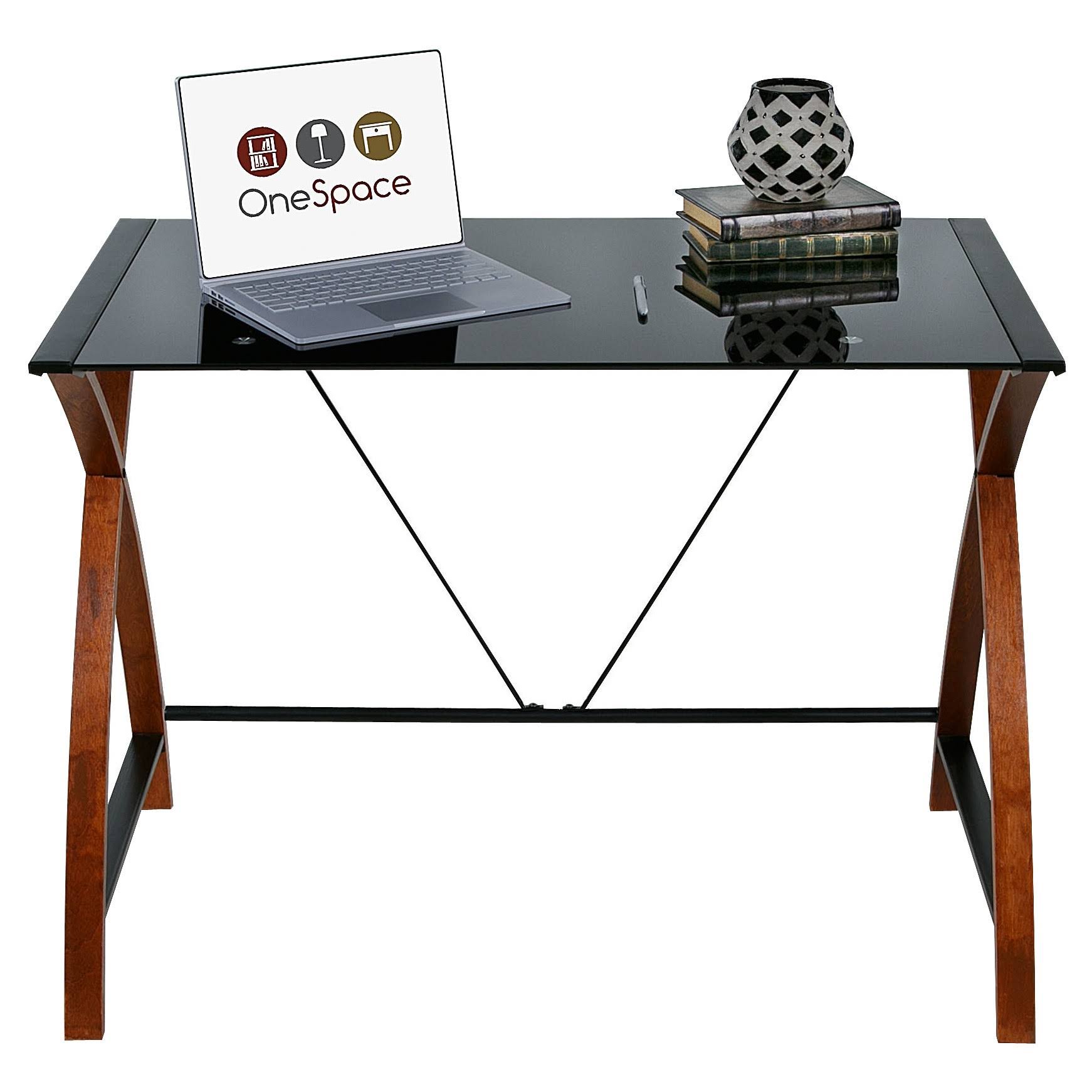 Black Glass and Wood Computer Desk A821133