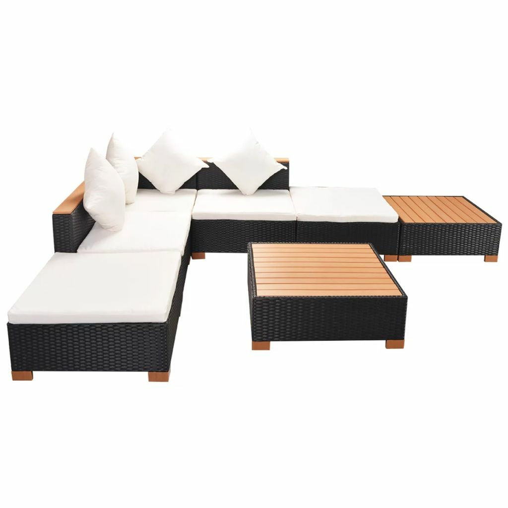 7 Piece Outdoor Sectional Sofa Set with Coffee Table and Ottoman Black Poly Rattan U7953