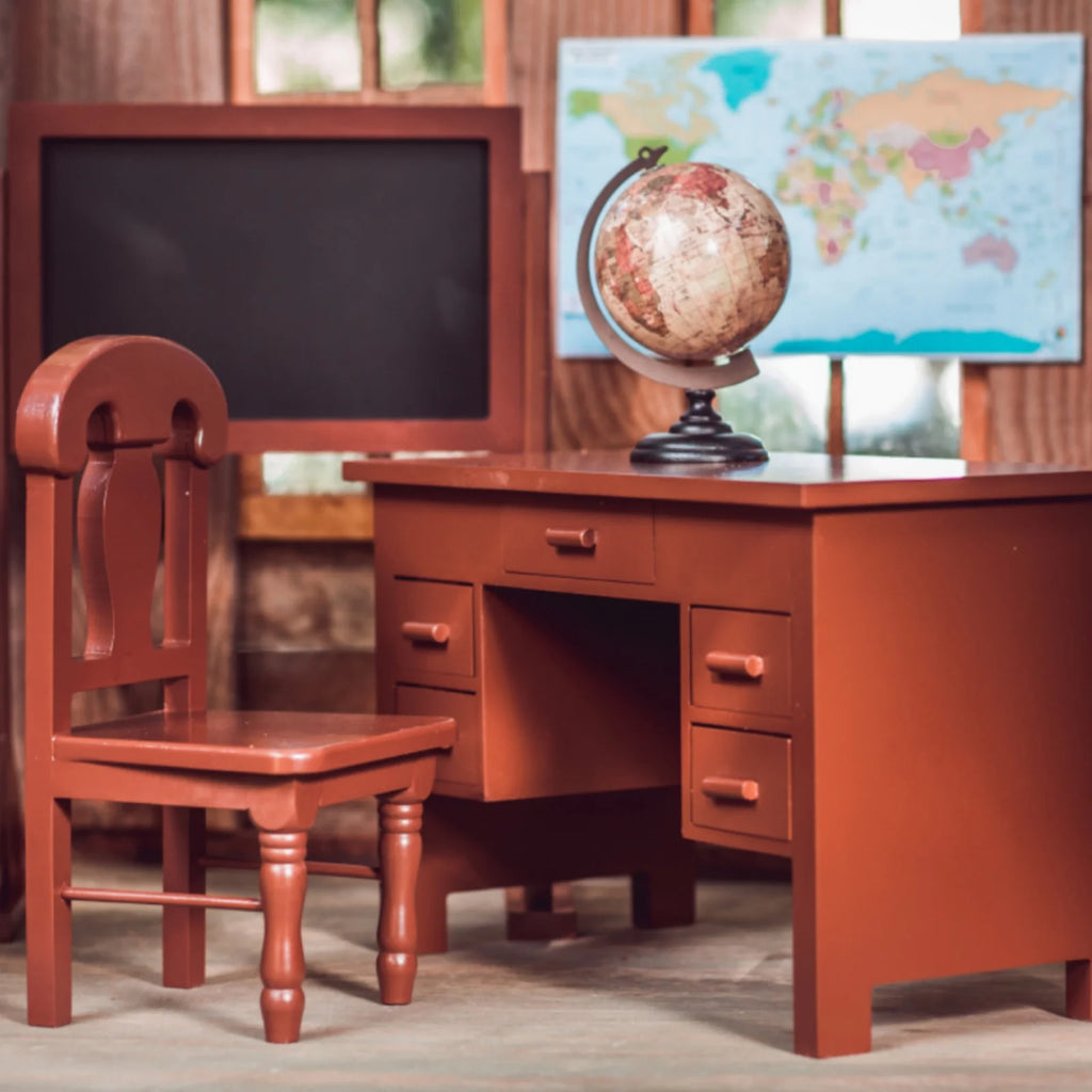 18 inch Wooden Doll School Teachers Desk with Globe and Chalkboard I40973
