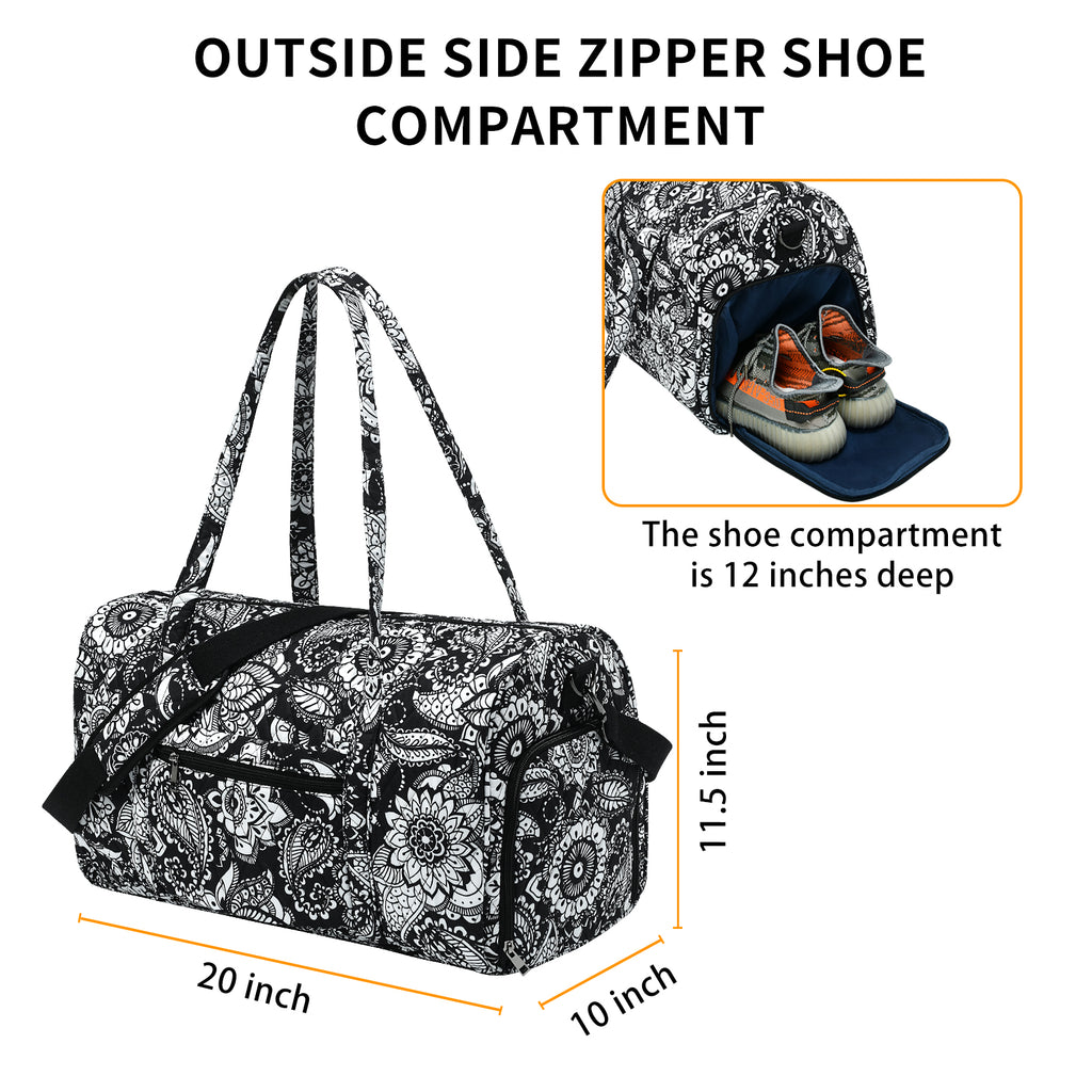 Women Travel Duffle Bag with Shoes Compartment Black White 20 Inch Y52660