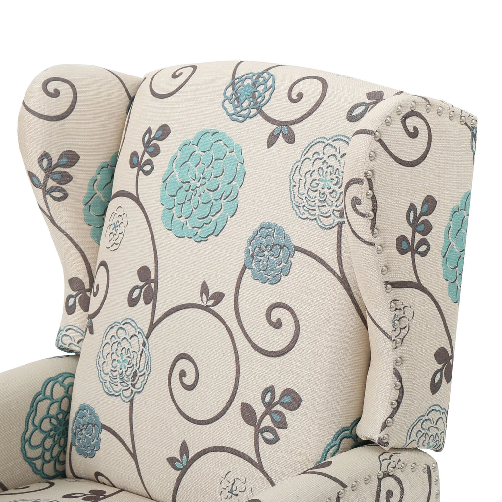 White and Blue Fabric Wing Back Recliner M18865