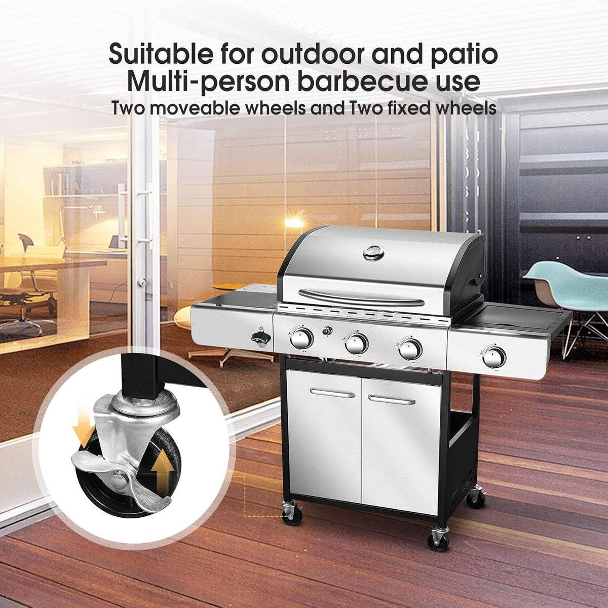 Stainless Steel 3-Burner Propane Gas Grill with Side Burner E65345