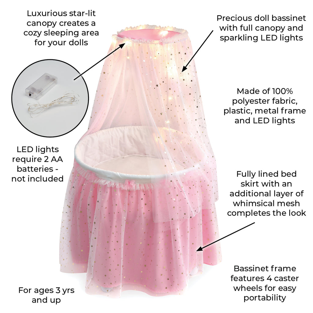 Pink Doll Bassinet with Canopy and Lights for 18 inch Dolls P196