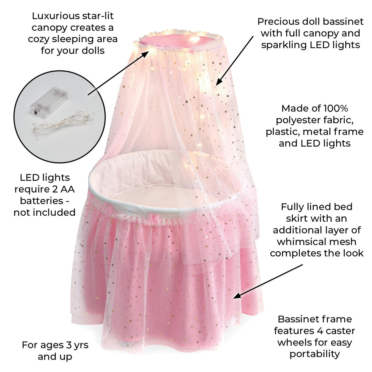 Pink Doll Bassinet with Canopy and Lights for 18 inch Dolls P196