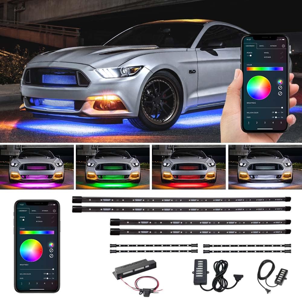 4pc Bluetooth LED Underbody Underglow Kit with Interior Footwell Accent Lighting S13443