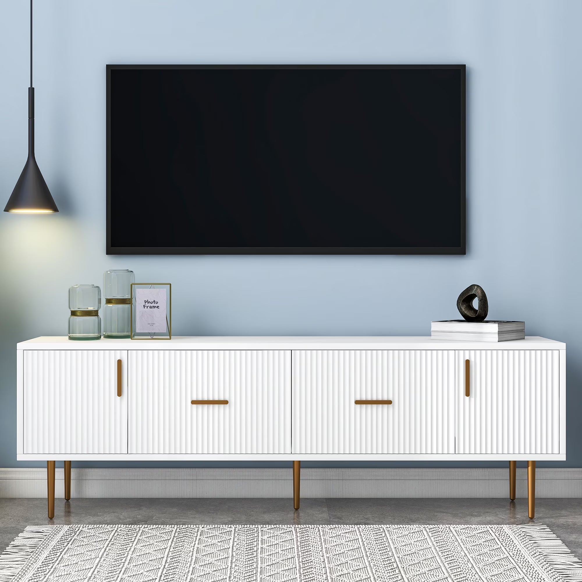 White Wood TV Stand with 5 Champagne Legs U621