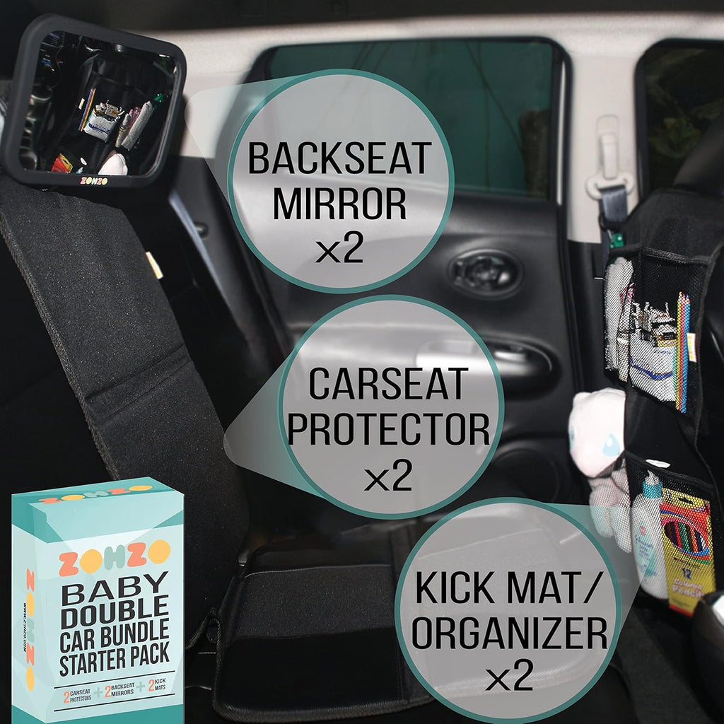 Double Baby Car Bundle - Car Seat Protector Cover, Baby Car Mirror, Kick Mat Organizer J57277