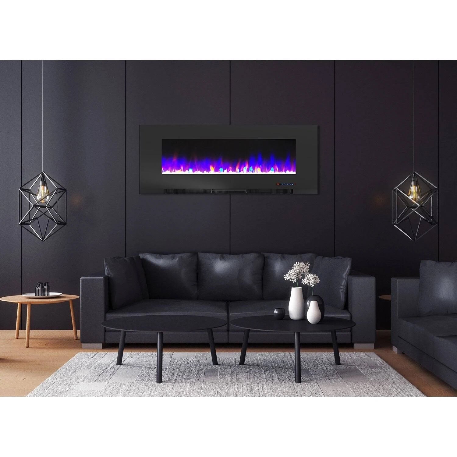 Black Wall-Mount Electric Fireplace with Multi-Color Flames and Crystal Rock Display Y67104