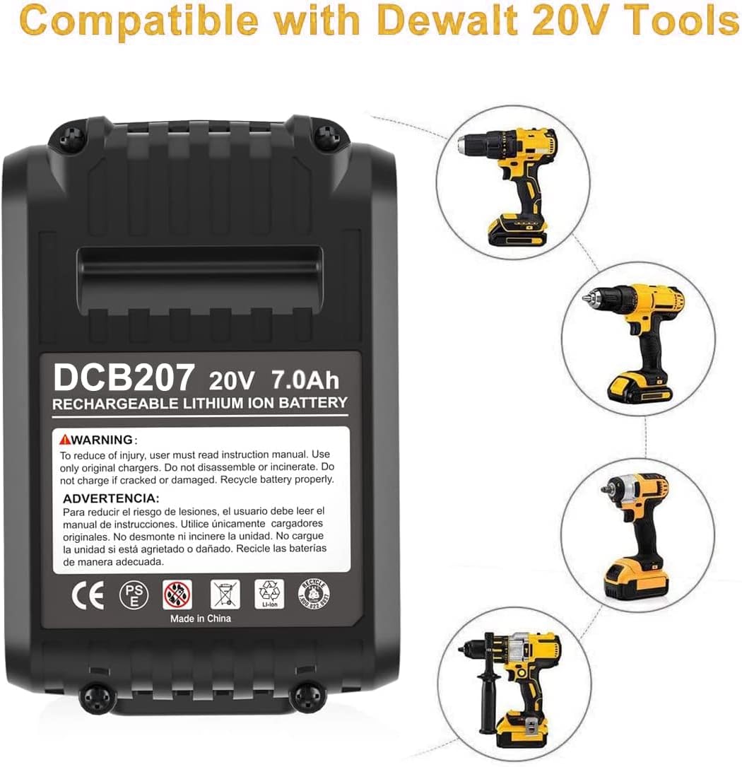 2 Packs 7.0Ah DCB207 Battery Compatible with Dewalt 20V Max Lithium W748419