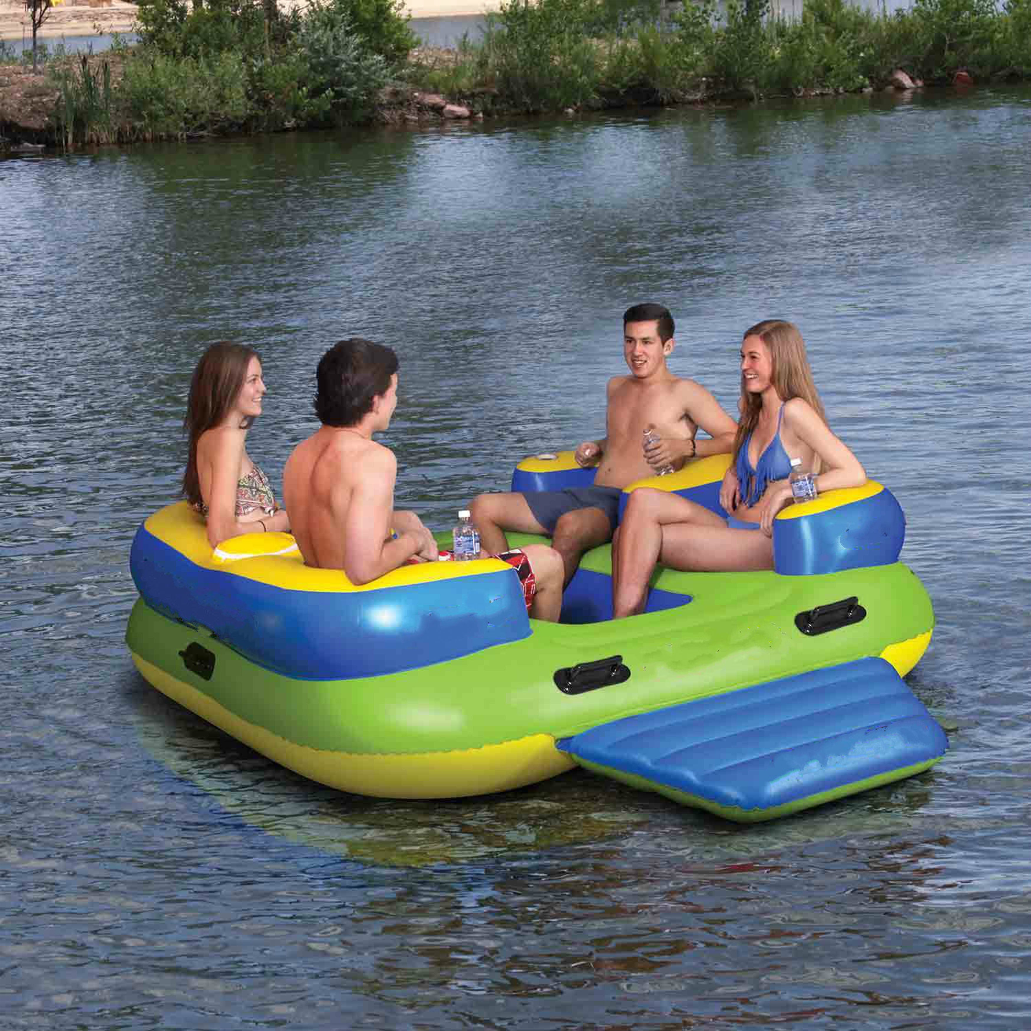 Inflatable Floating Island Lounge Raft with Cup Holders and Coolers - 4 Person D403140