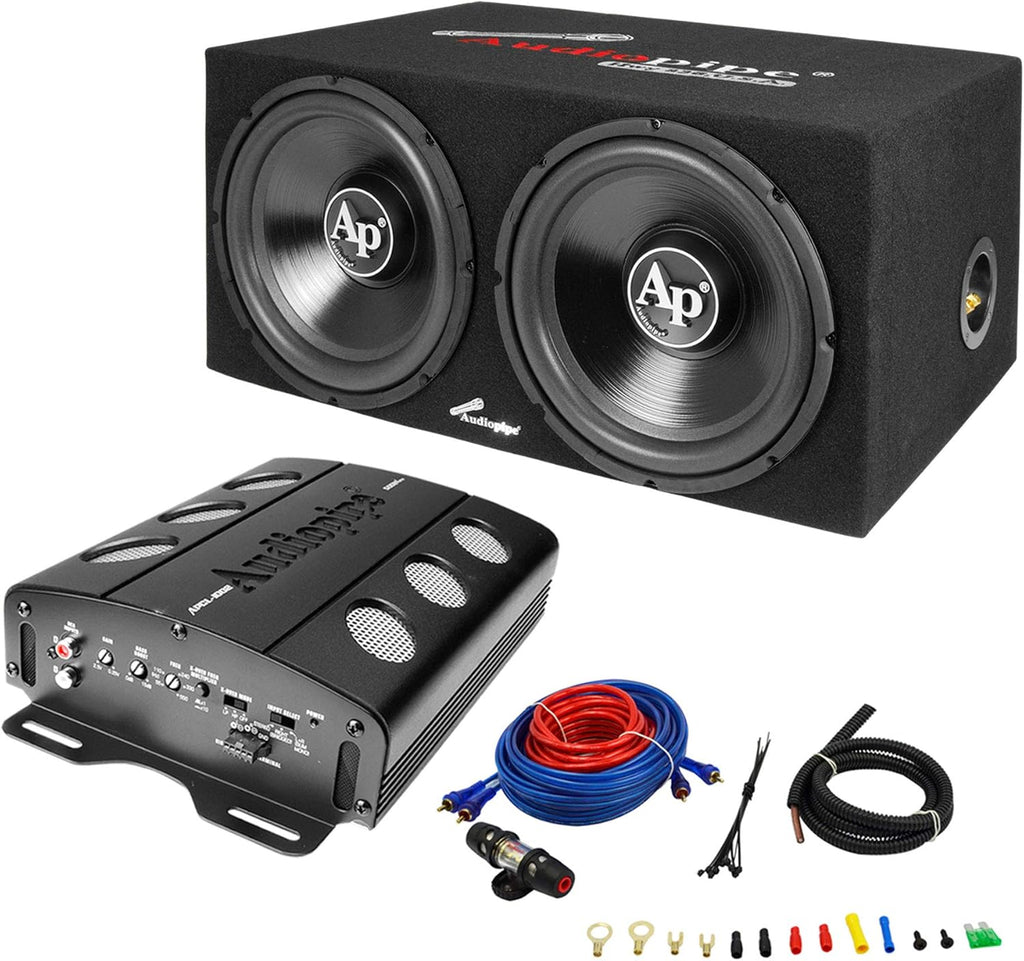 Dual 12 Inch Car Audio Subwoofer Speakers and Sealed Enclosure, 2 Channel 500 Watt Amplifier, and Wire Installation Kit W525