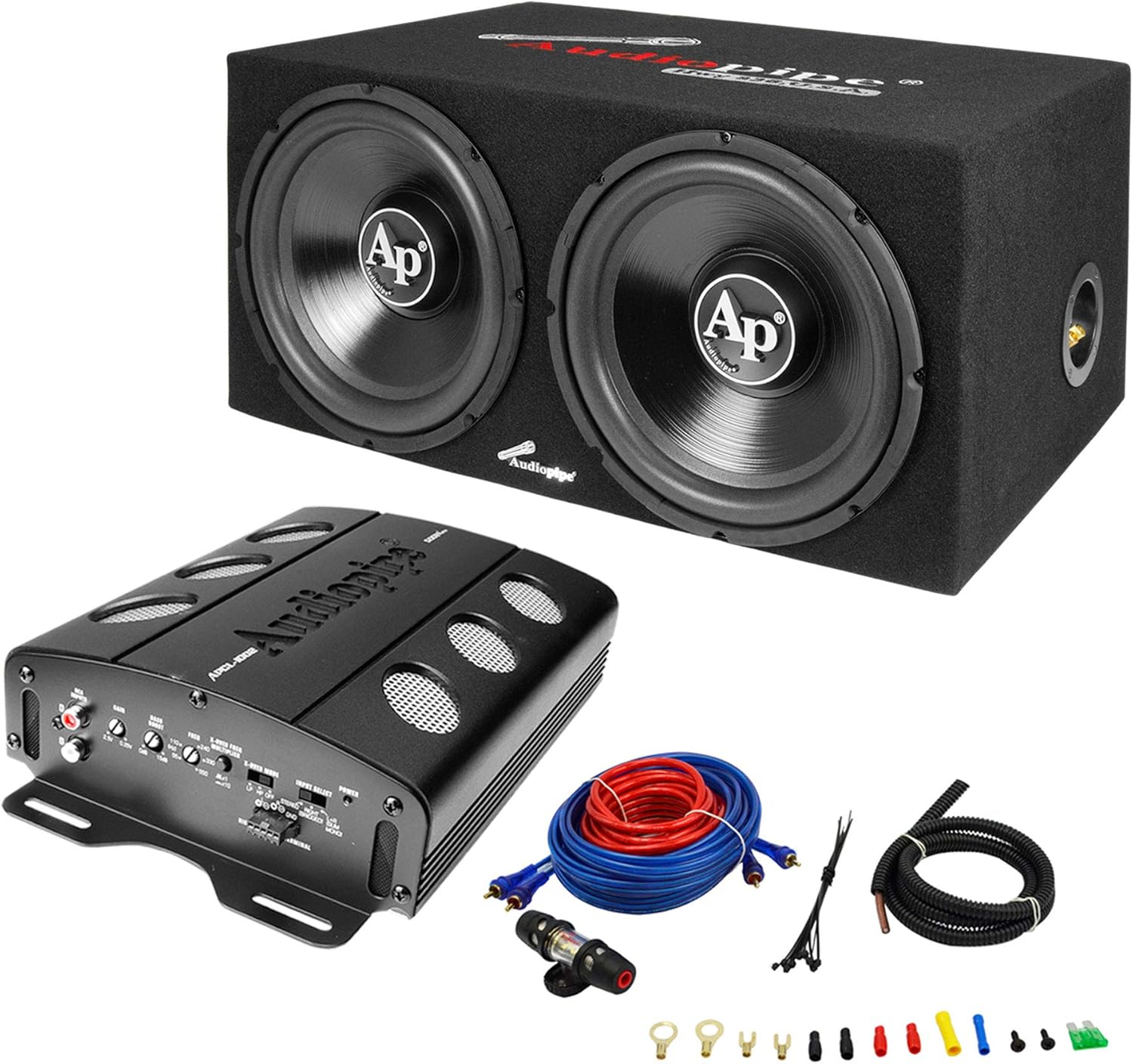 Dual 12 Inch Car Audio Subwoofer Speakers and Sealed Enclosure, 2 Channel 500 Watt Amplifier, and Wire Installation Kit W525