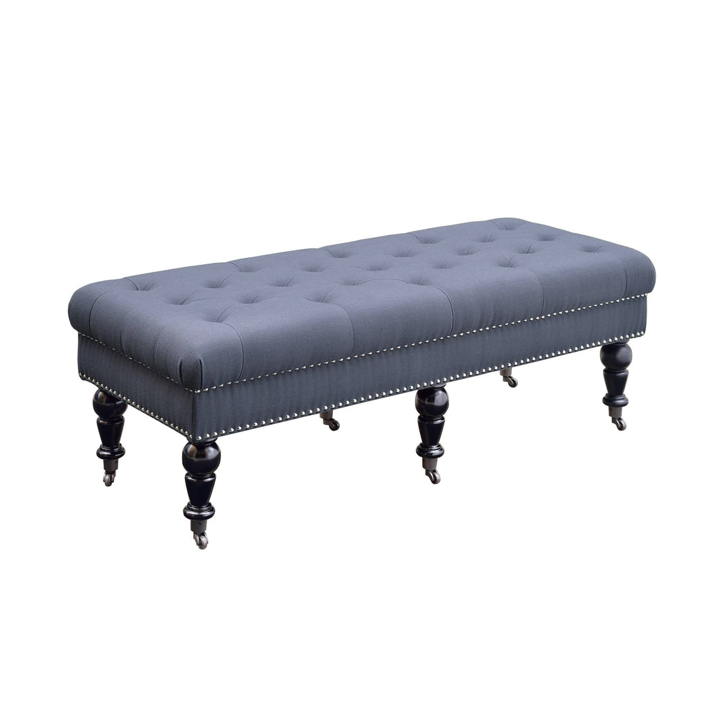 Black and Blue Button Tufted Bench with Caster Wheels H488