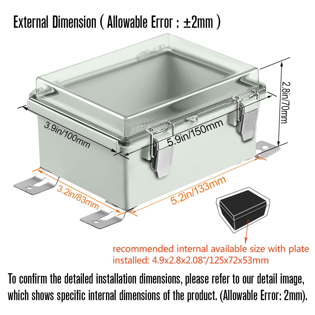 ABS Junction Box Hinged Clear Cover Stainless Steel Latch IP67 Waterproof Enclosure with Mounting Plate Wall Bracket 5.9x3.9x2.8 inch Pack of 2 G652377