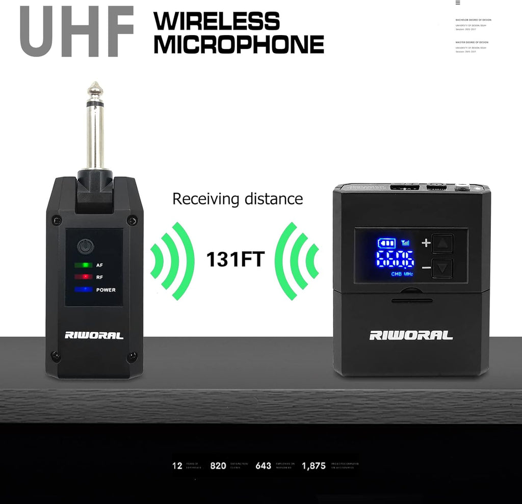 UHF Wireless Microphone System with Lavalier Mic, Headset Mic, Handheld Mic Transmitter & Receiver B195