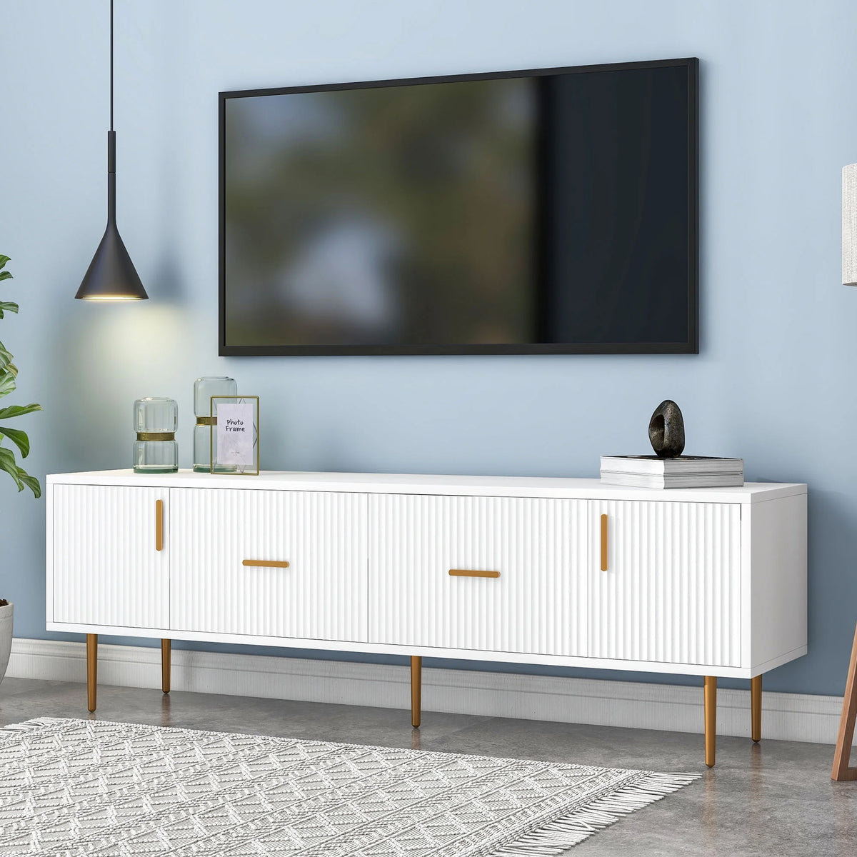 White Wood TV Stand with 5 Champagne Legs U621