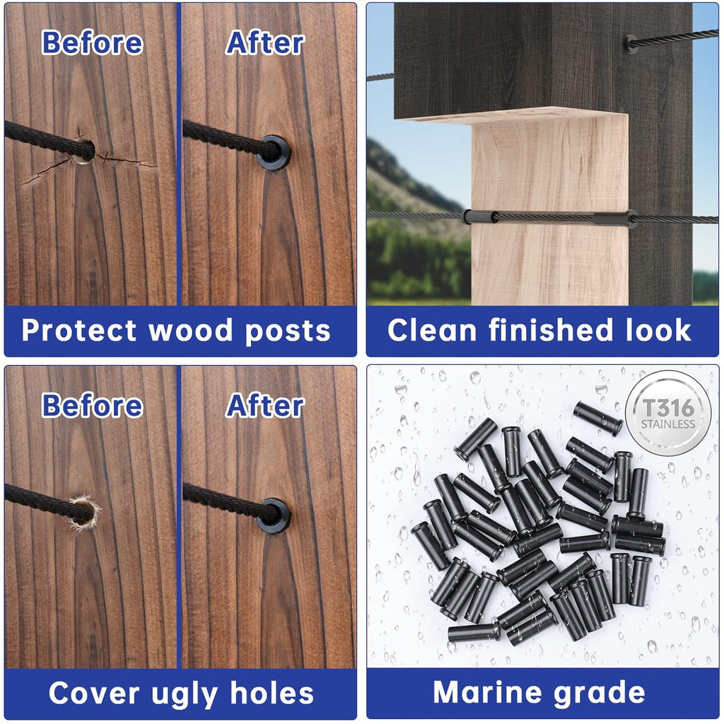 Black Stainless Steel Cable Railing Kit Hardware for 1/8 Wire Rope Wood Posts T316 Marine Grade L93818