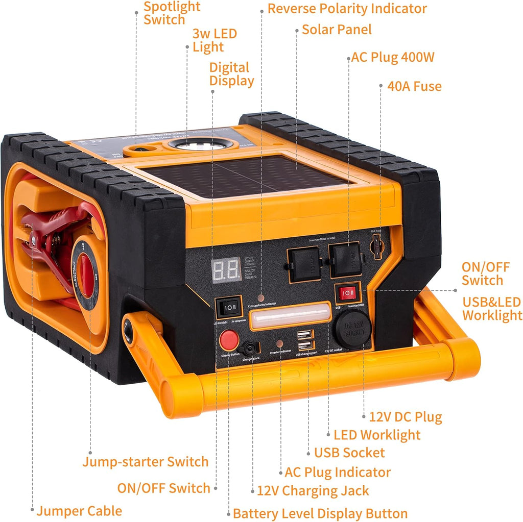 Solar Car Jump Starter 12V 1400 Peak AMPS 8-in-1 Power Station with Digital Air Compressor W397545