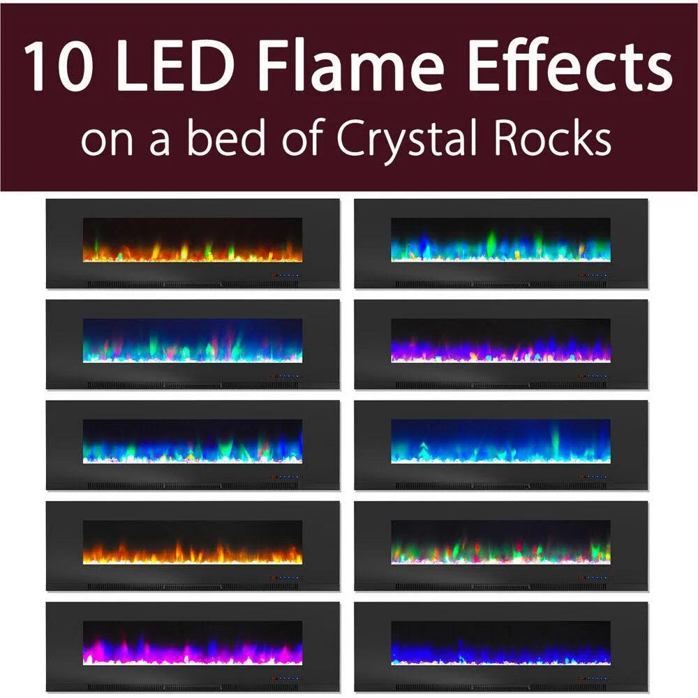 Black Wall-Mount Electric Fireplace with Multi-Color Flames and Crystal Rock Display Y67104