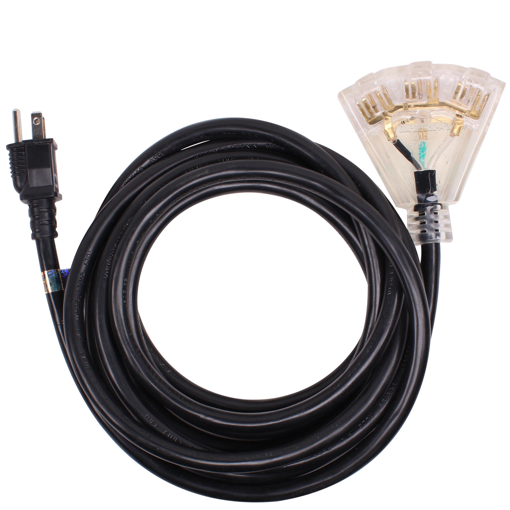 Lighted Outdoor Extension Cord 3 Outlets 12/3 SJTW Heavy Duty Black Cable 3 Prong Grounded Plug 15 AMP 15 Foot P735