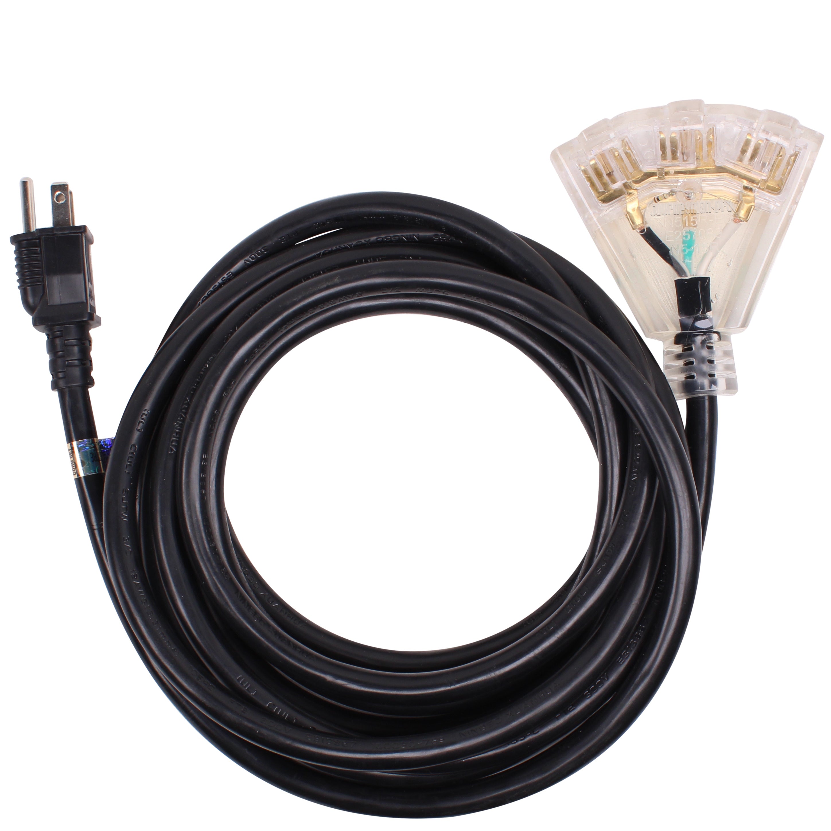 Lighted Outdoor Extension Cord 3 Outlets 12/3 SJTW Heavy Duty Black Cable 3 Prong Grounded Plug 15 AMP 15 Foot P735