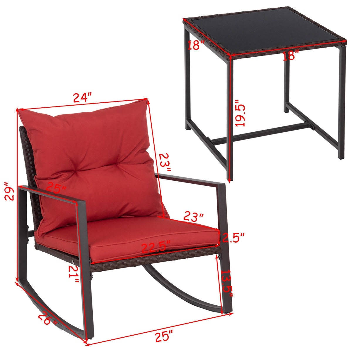 3-Piece Red Patio Wicker Bistro Furniture Set with 2 Rocking Chairs B1864