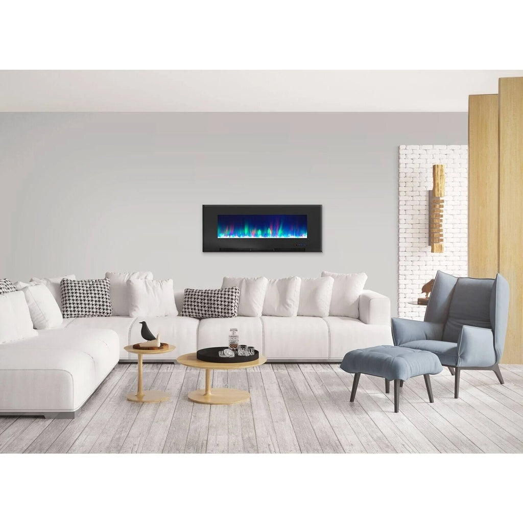 Black Wall-Mount Electric Fireplace with Multi-Color Flames and Crystal Rock Display Y67104