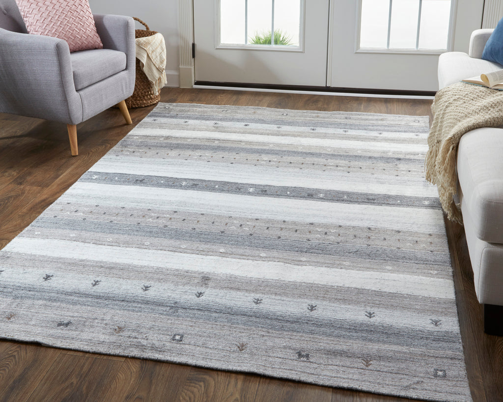 Handmade Stripes Gray Silver Black Area Rug V860