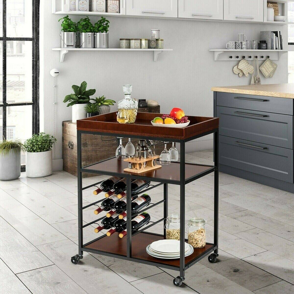 3 Tier Bar Serving Cart with Wine Rack and Glass Holder H694359