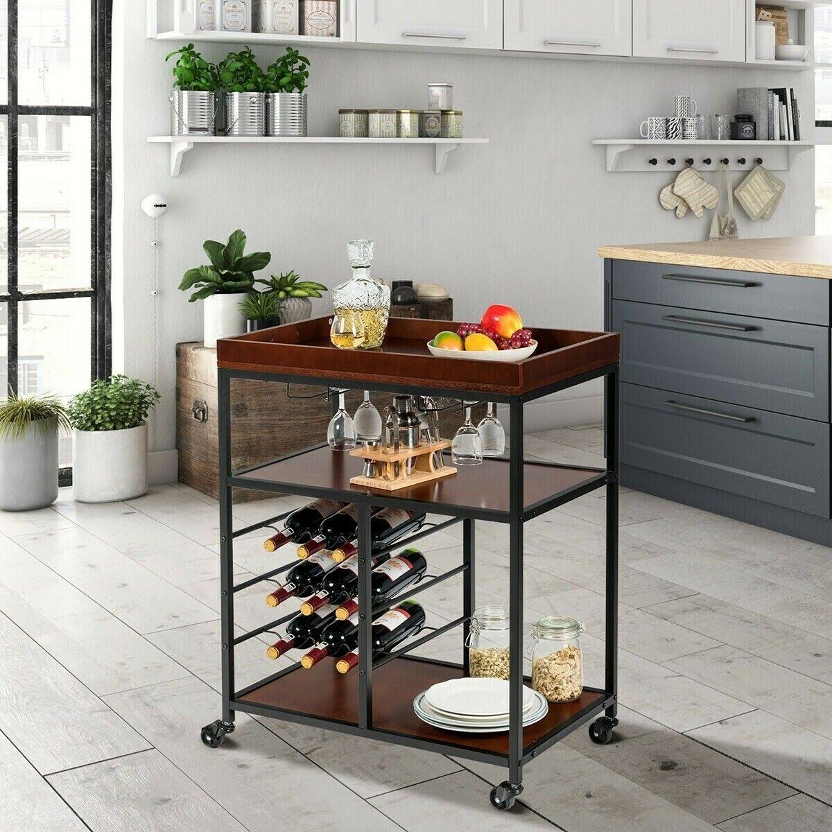 3 Tier Bar Serving Cart with Wine Rack and Glass Holder H694359