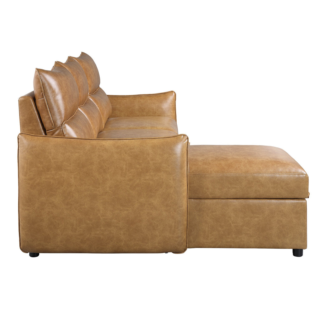 94 in. Wide 2-Piece Reversible Sectional Sofa in Brown Faux Leather with Pull-out Bed and Hidden Storage S267633