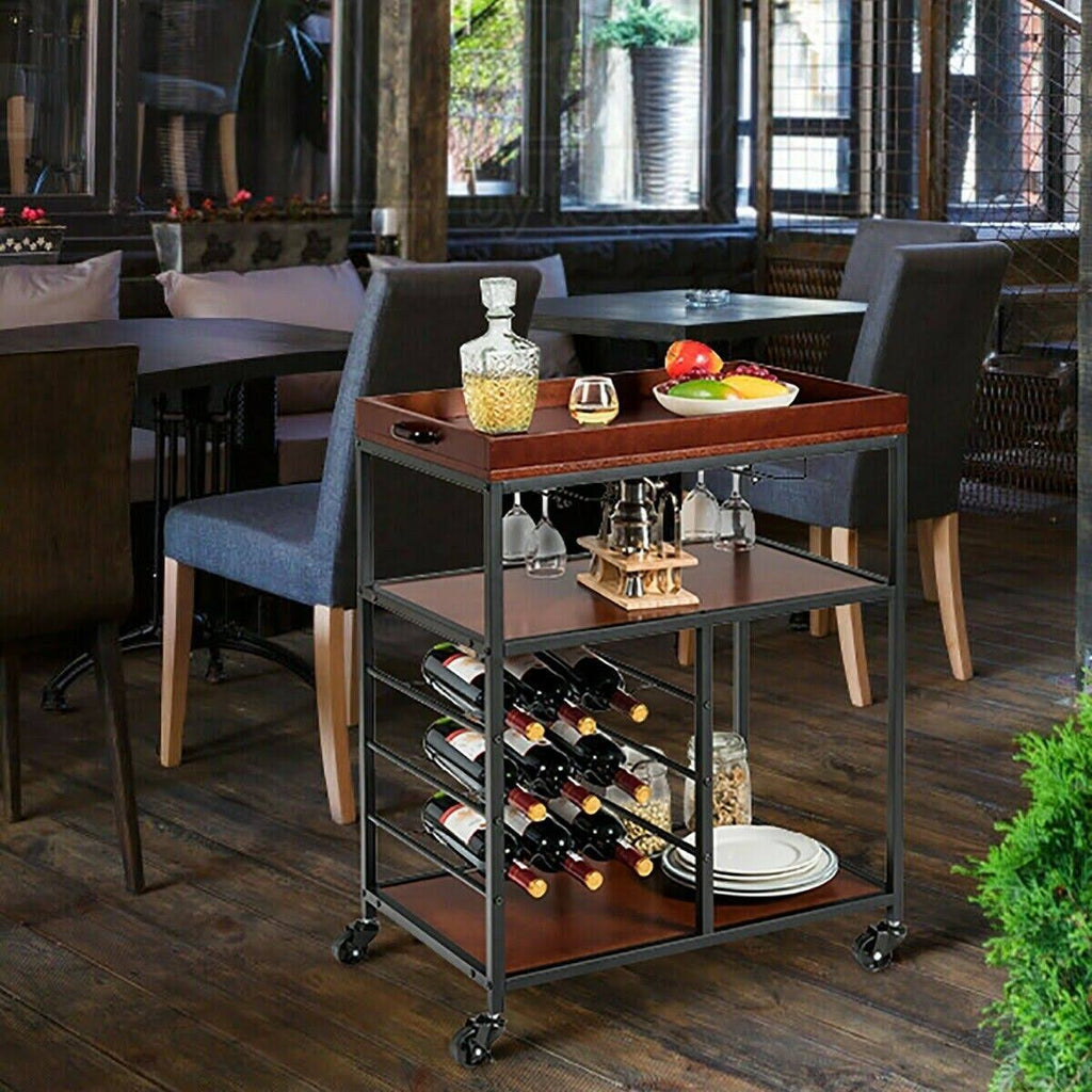 3 Tier Bar Serving Cart with Wine Rack and Glass Holder H694359