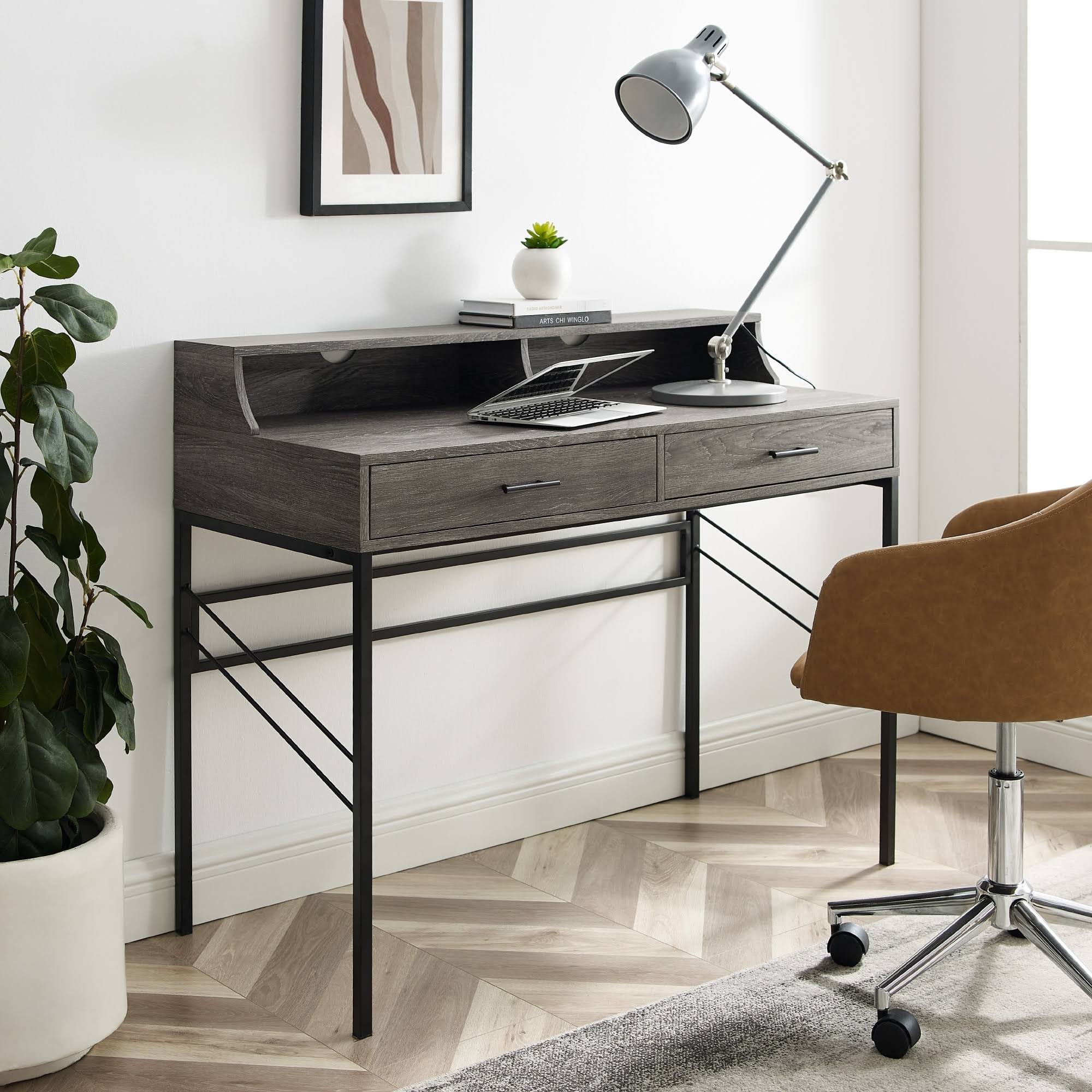 2-Drawer Desk and Hutch - Cerused Ash C95884