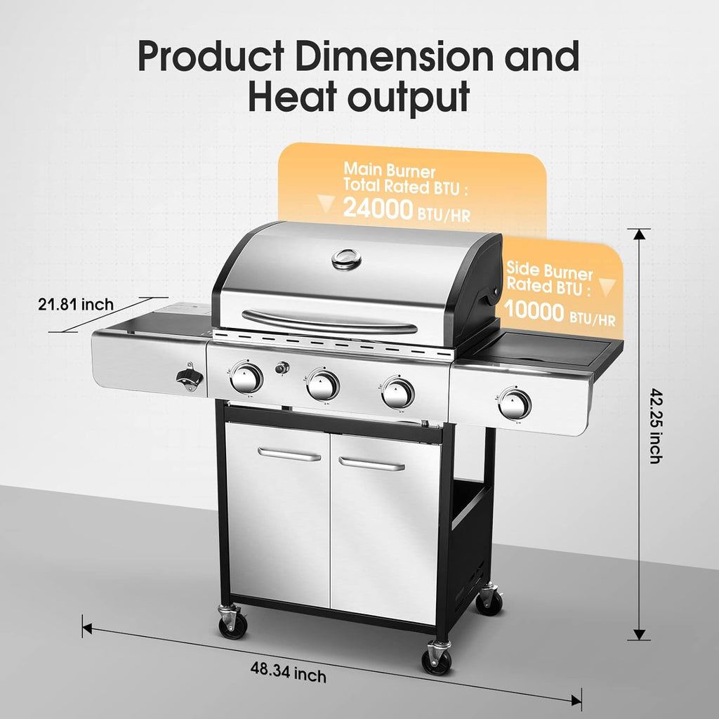 Stainless Steel 3-Burner Propane Gas Grill with Side Burner E65345