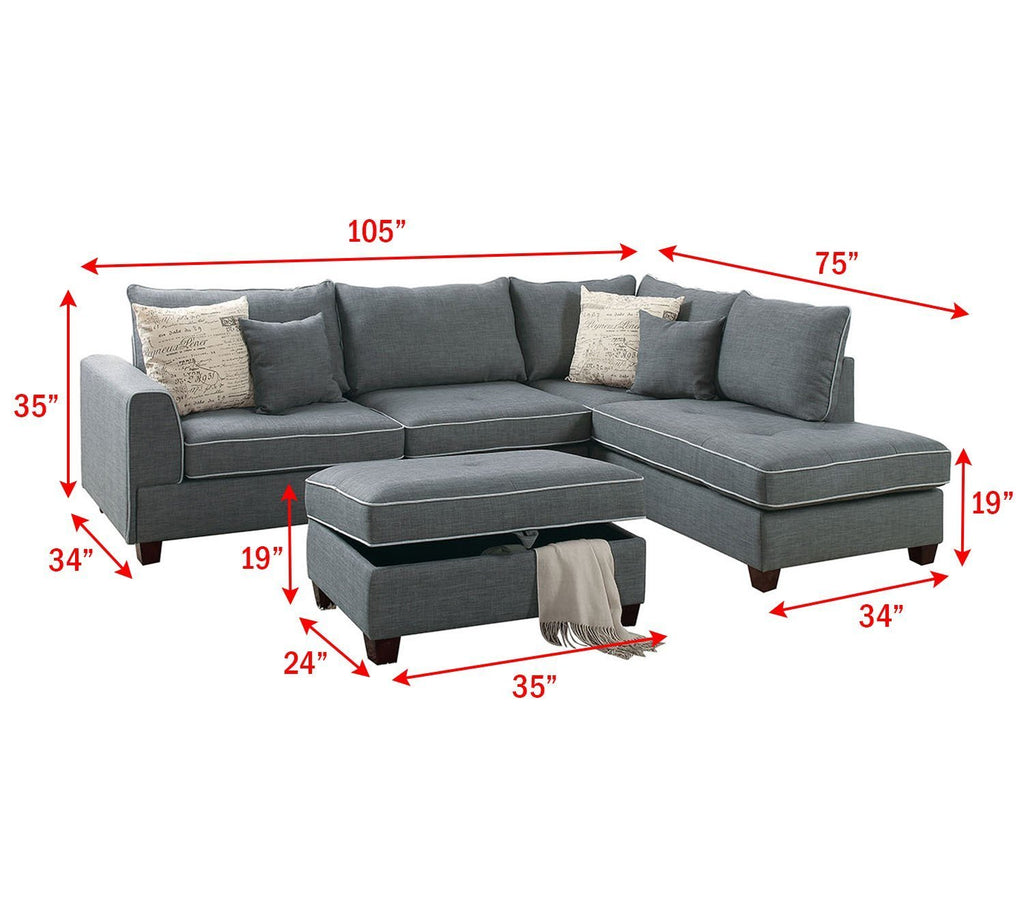 Modern Steel Fabric Reversible Sectional Sofa with 4 Accent Pillows X9136