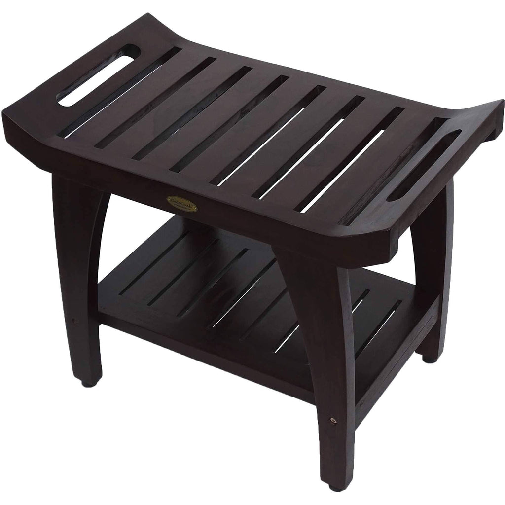 Teak Shower Bench with Shelf and Handles in Brown Finish W838773